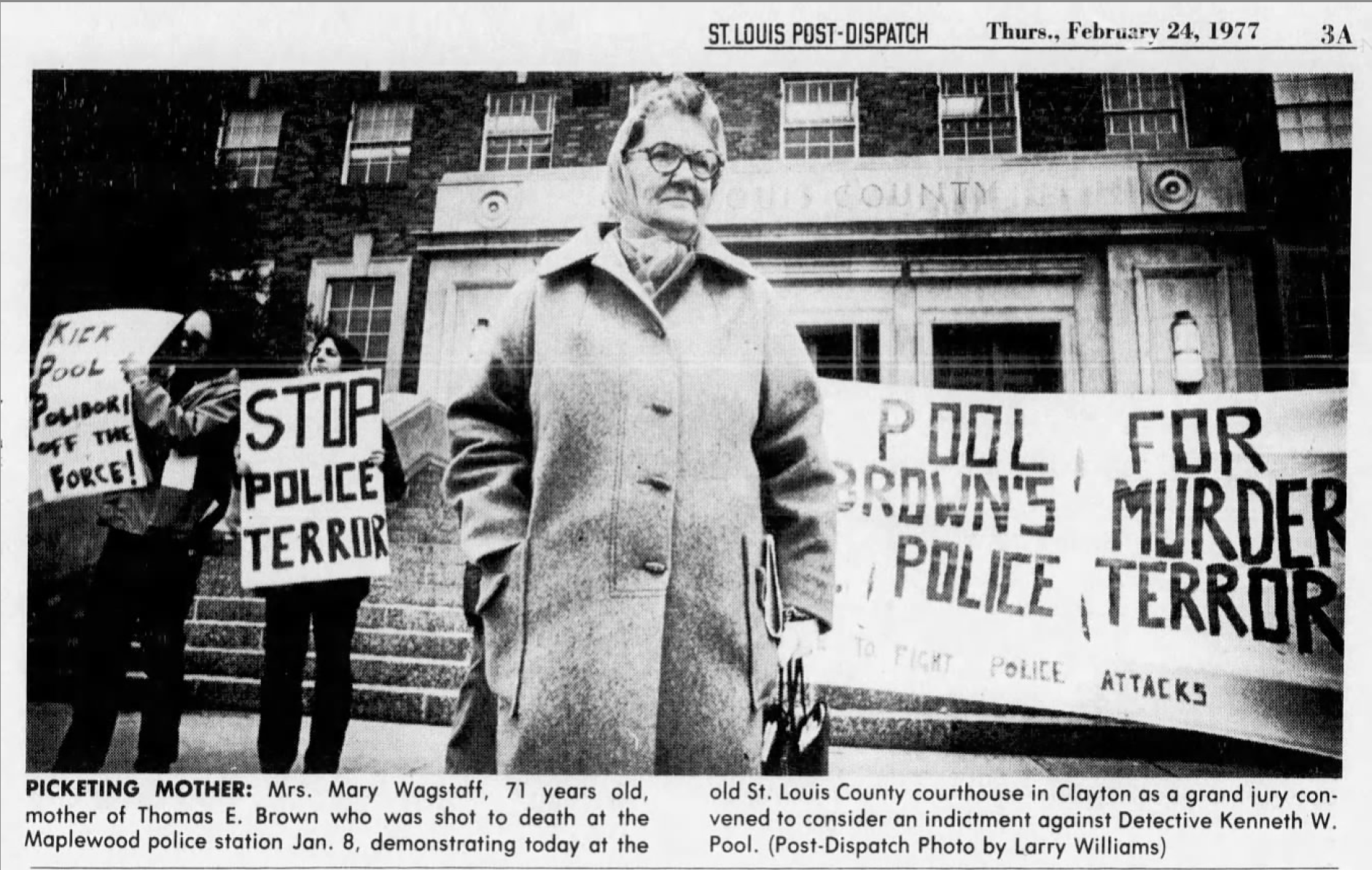 Archival St. Louis Post-Dispatch photo of Mary Wagstaff picketing outside police headquarters